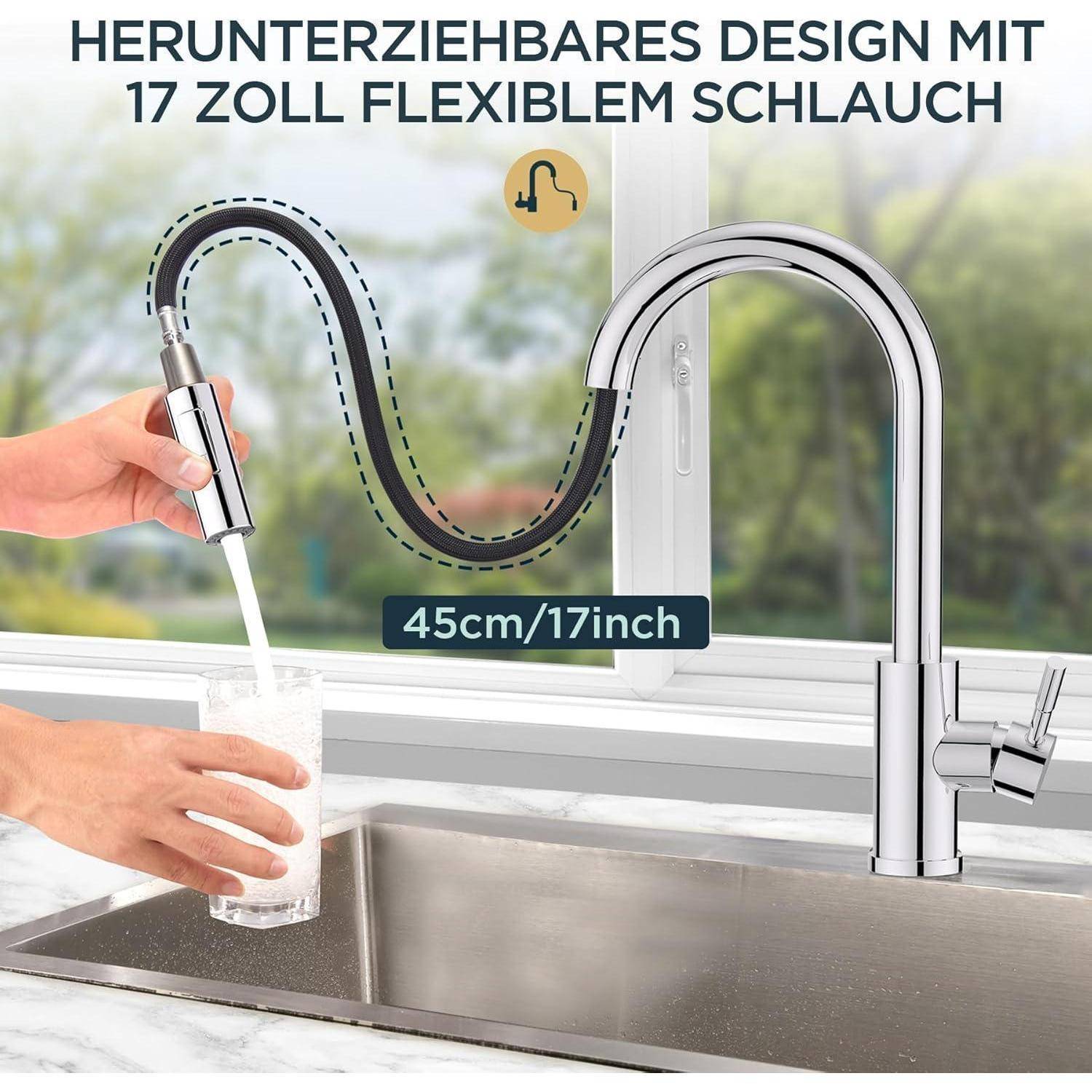 Eine Hand füllt ein Glas mit Wasser aus einem modernen einziehbaren Wasserhahn mit einem 17-Zoll-flexiblen Schlauch. Text: 