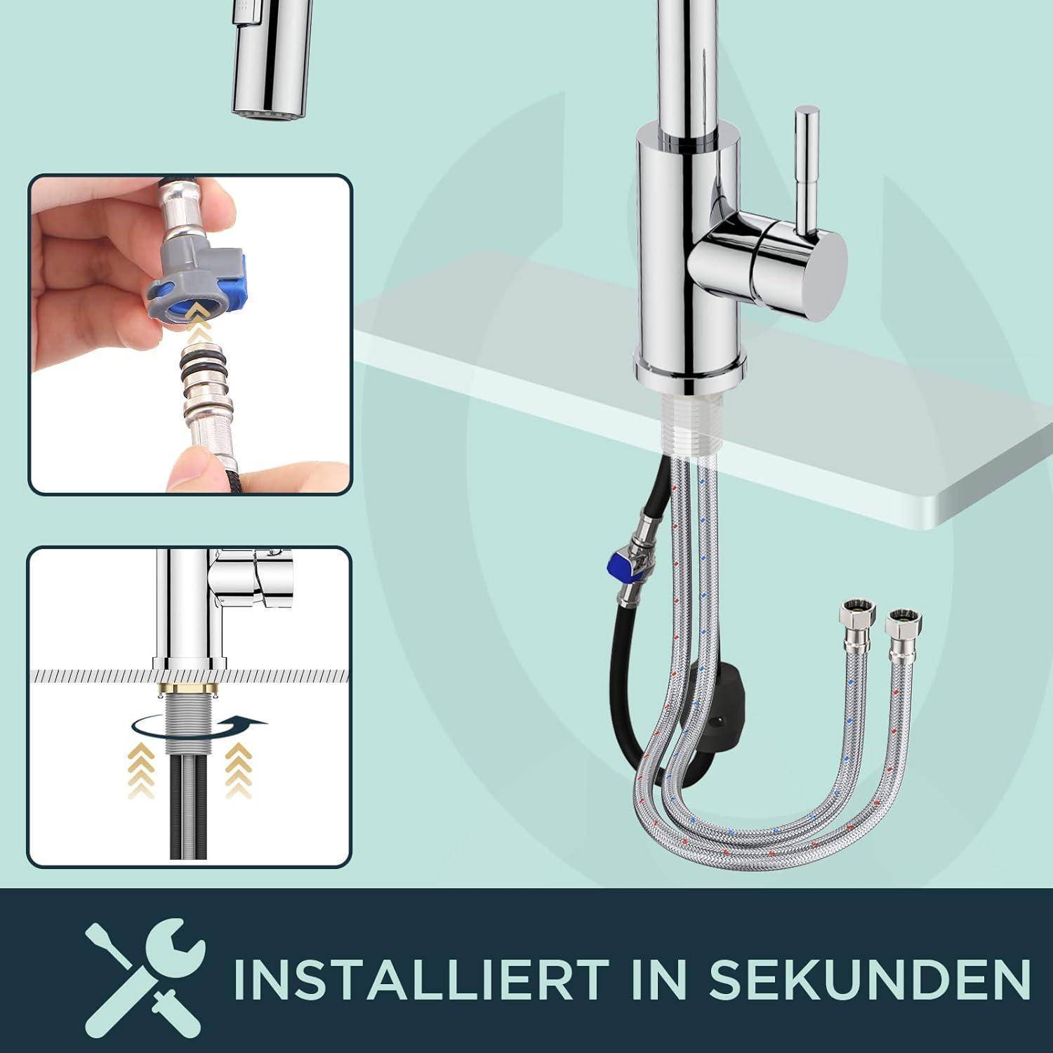 Eine Grafik, die eine schnelle Armaturinstallation zeigt, mit Verbindungspunkten und flexiblen Schläuchen. Der Text lautet 'INSTALLIERT IN SEKUNDEN'.