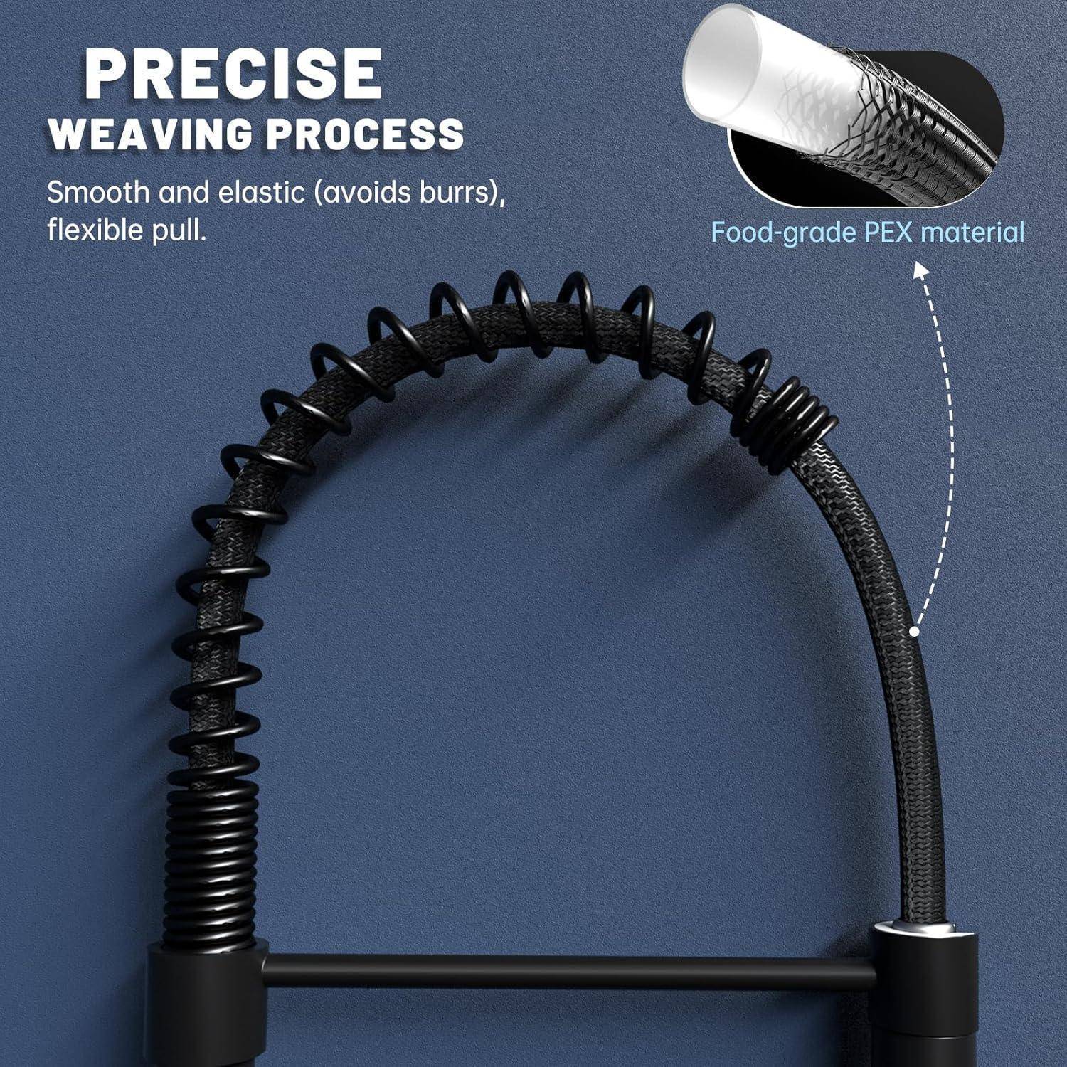Präziser Webprozess: glatt und elastisch (verhindert Grate), flexibler Zug, lebensmittelechtes PEX-Material. Gebogene Schwarz-Weiß-Kabelillustration.