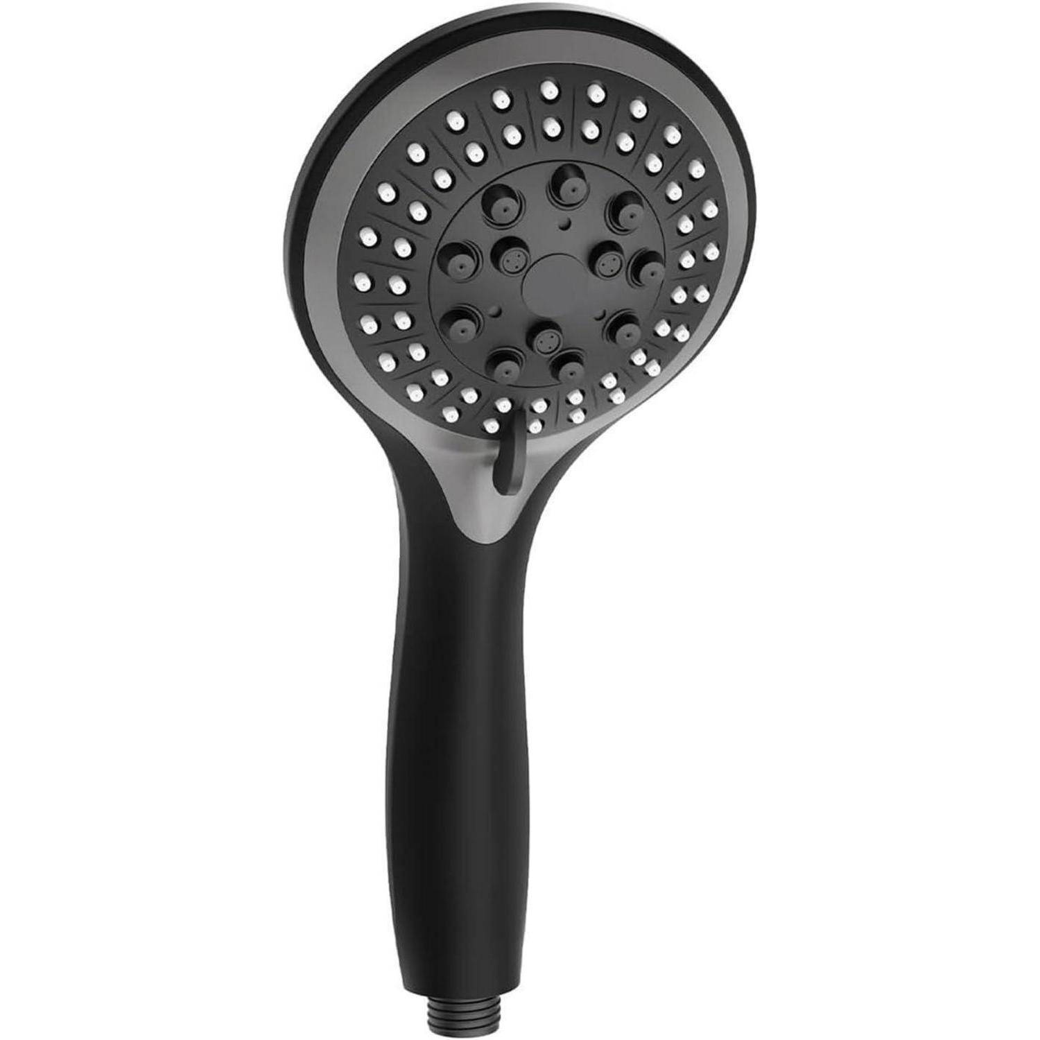 Eine schwarze Handbrause mit mehreren Wasserstrahl-Einstellungen und einem ergonomischen Griff.