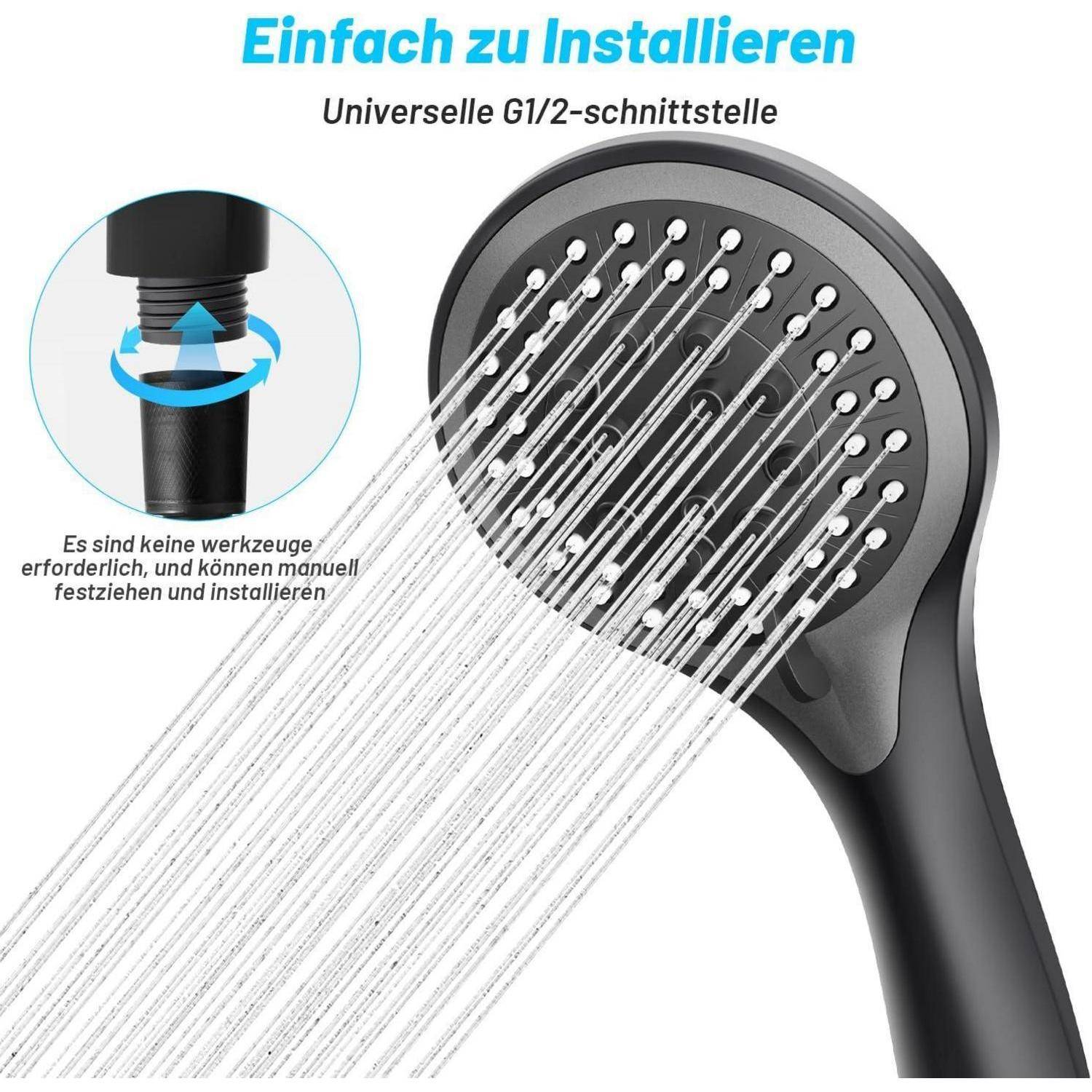 Universal G1/2 Duschkopf mit einfacher manueller Installation, keine Werkzeuge erforderlich. Abbildung zeigt detaillierten Wasserfluss aus dem Duschkopf.