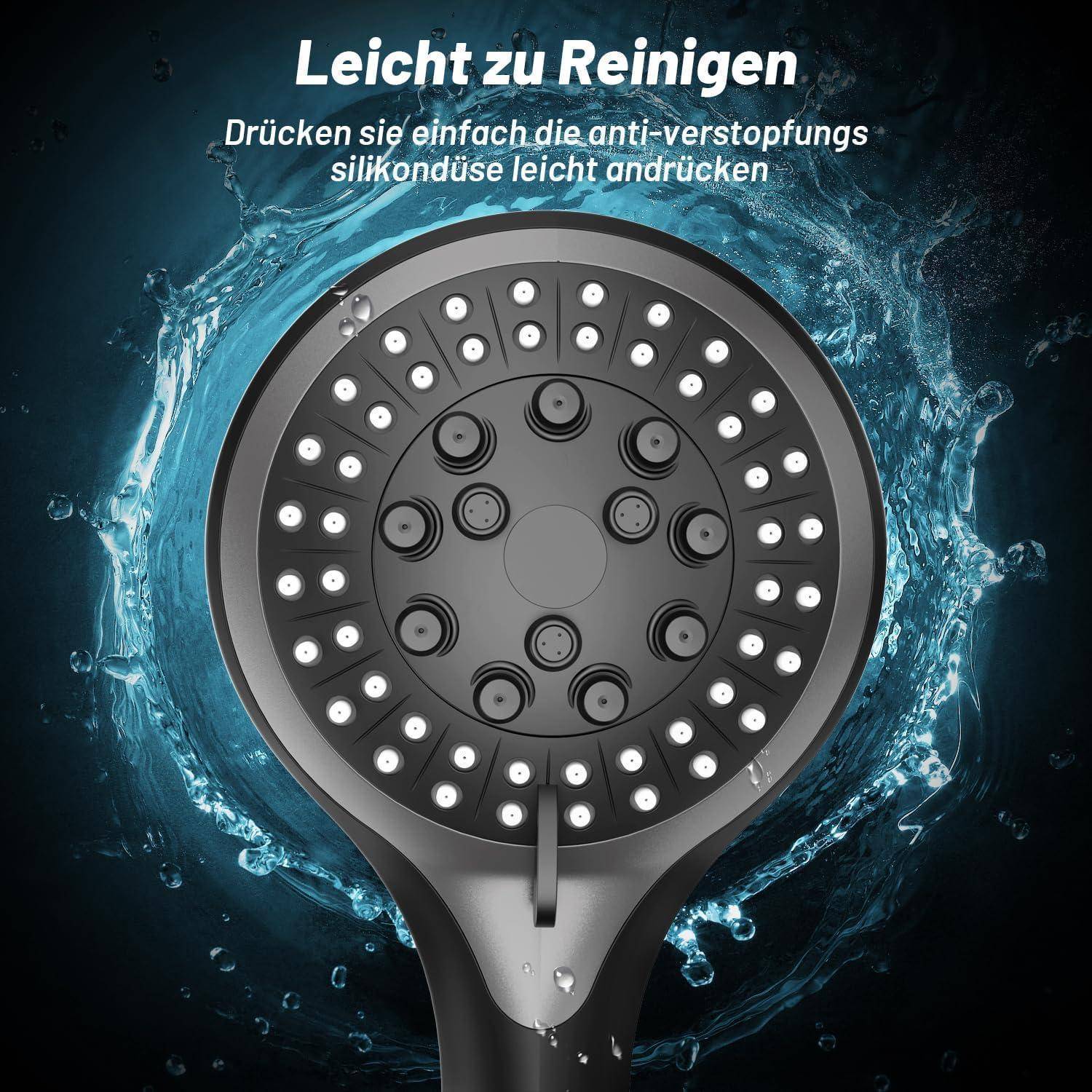 Eine Duschbrause mit verstopfungsfreien Silikondüsen, entwickelt für einfache Reinigung. Text auf Deutsch lautet 'Leicht zu Reinigen'.