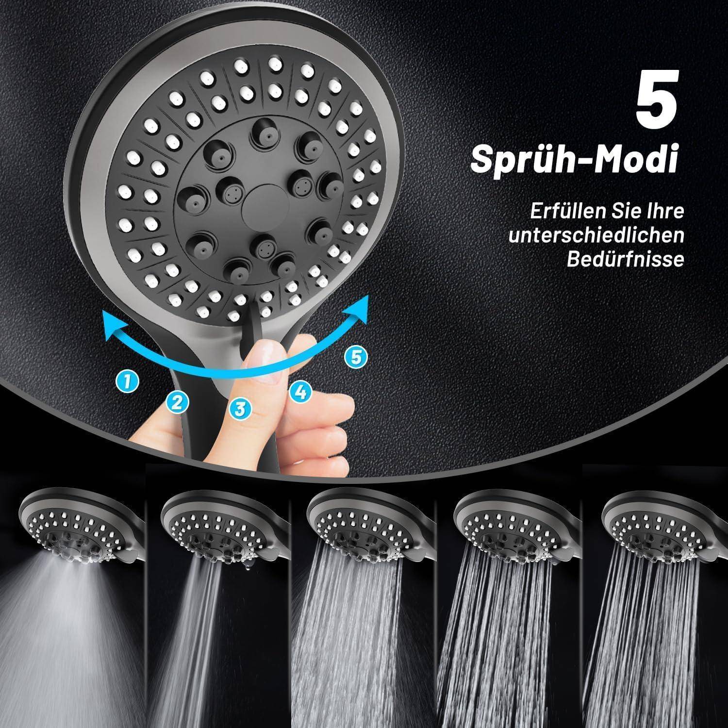 Ein Duschkopf mit fünf einstellbaren Sprühmodi. Hand demonstriert das Wechseln der Modi. Text lautet '5 Sprüh-Modi' und 'Erfüllen Sie Ihre unterschiedlichen Bedürfnisse.