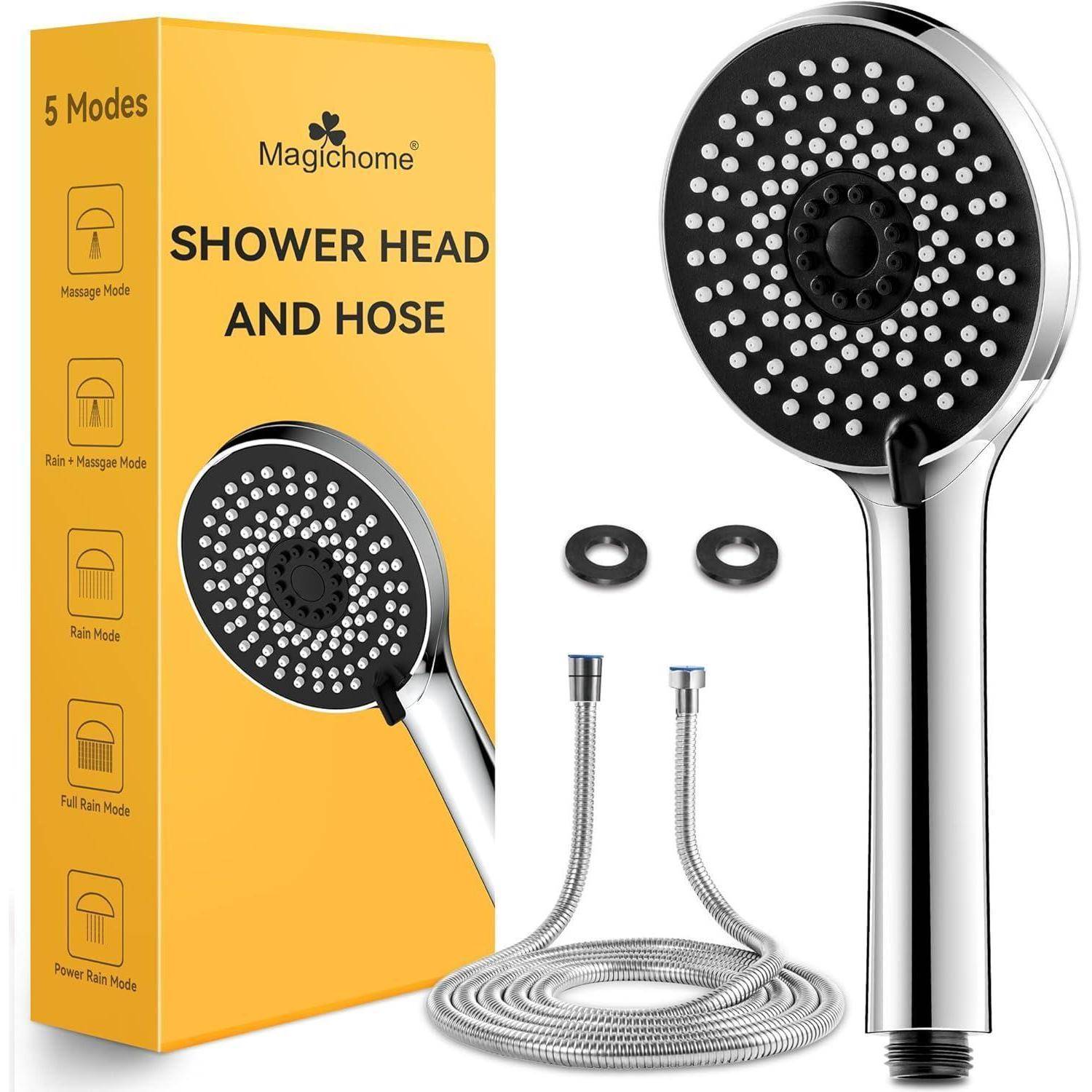 Duschkopf-Set mit Schlauch und zwei Unterlegscheiben, gezeigt mit einer Verpackung, die mit 'Magichome' beschriftet ist und fünf Modi aufweist: Massage, Regen und mehr.