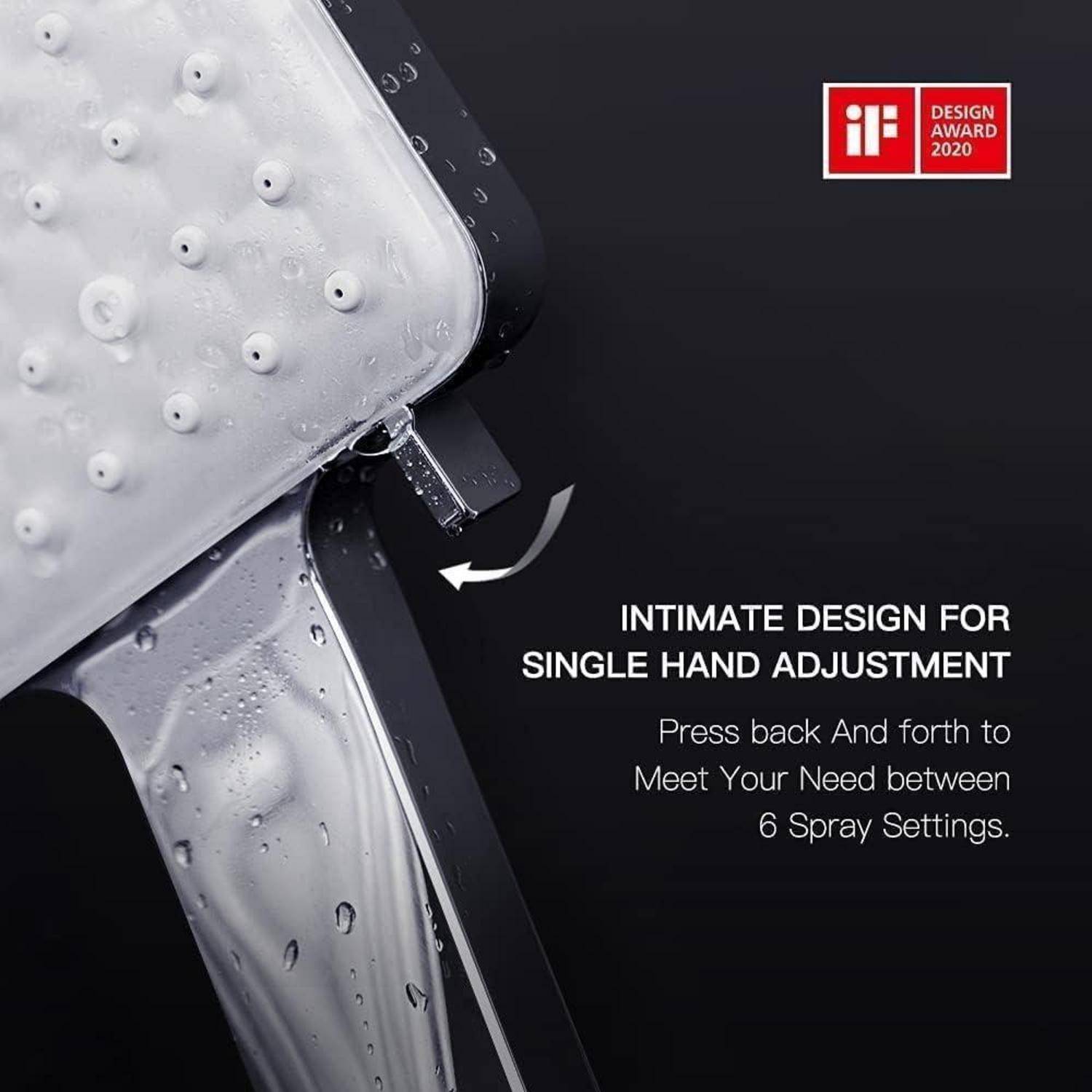 Eine Duschbrause mit verstellbarer Strahleinstellung, die eine Anpassung zwischen sechs Strahlarten mit nur einer Hand ermöglicht; ausgezeichnet mit dem ‚iF Design Award 2020'.