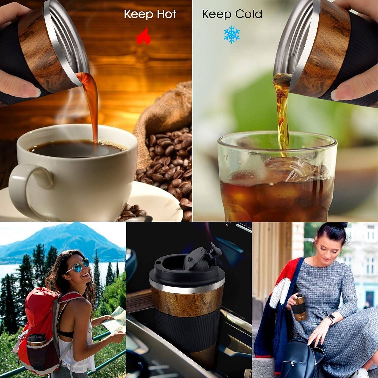 Eine Collage, die einen Becher zeigt, der Kaffee warm und Tee kalt hält, eine Frau beim Wandern, einen selbsterhitzenden Becher in einem Auto und eine Frau mit dem Becher in einer Stadt.