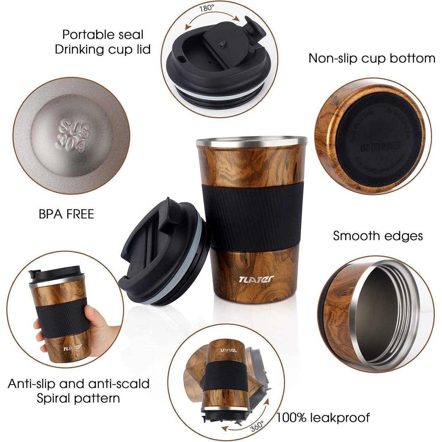 Reisbecher mit Holzoptik und schwarzem Griff. Merkmale umfassen einen tragbaren Verschlussedeckel, rutschfesten Boden, glatte Kanten, spiralförmiges Anti-Rutsch-Muster, 100% auslaufsicher und BPA-frei.