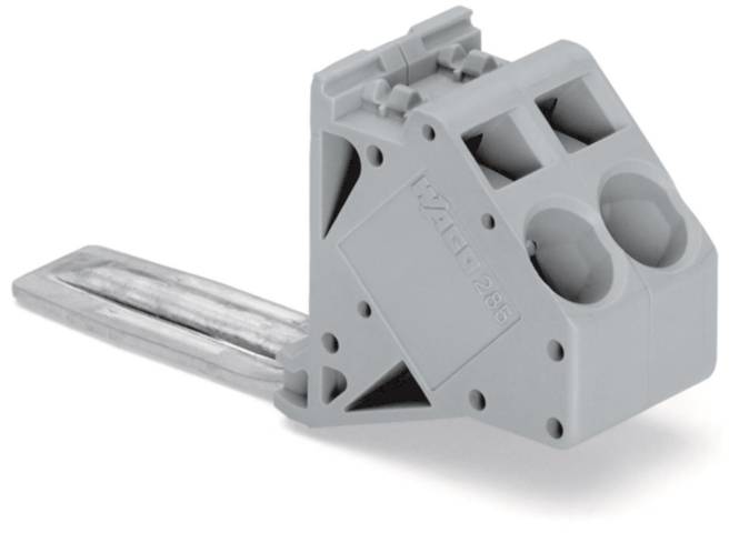 Ein grauer, rechteckiger Anschlussblock mit Anschlüssen und einem Metallverbindungsstück.