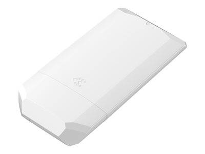 Ein weißes, rechteckiges elektronisches Gerät mit einer Anzeigelampe an einem Ende, das ein Logo auf der Oberfläche trägt.