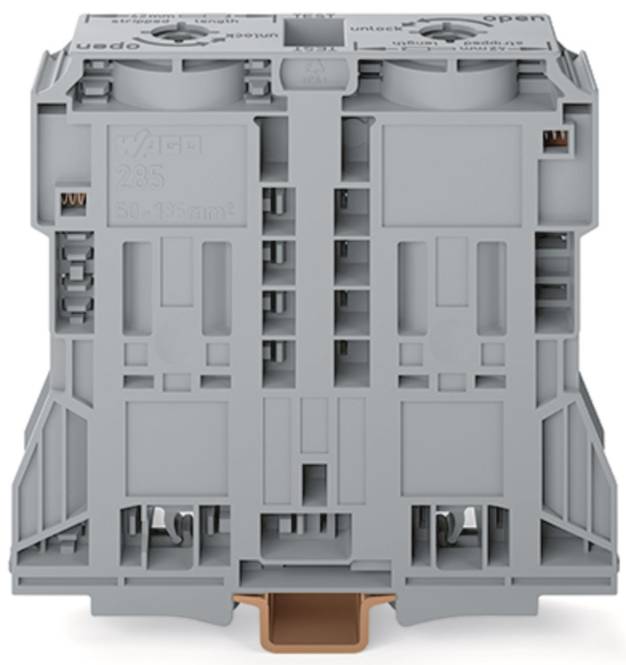 Ein grauer elektrischer Anschlussklemmenblock mit beschrifteten Abschnitten, die Kabelverbindungen und Spezifikationen anzeigen.