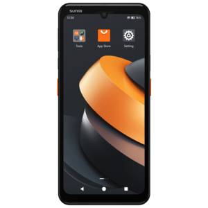 Schwarzes Smartphone, das einen Android-Startbildschirm mit drei App-Symbolen oben zeigt: Tools, App Store und Setting, über einem orange-schwarzen abstrakten Hintergrundbild.