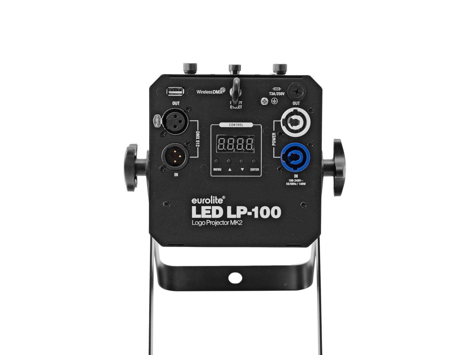 Eurolite LED LP-100 Logo Projektor MK2' Gerät mit Bedienfeld, Anschlüssen und Halterung, verwendet zum Projizieren von Logos.