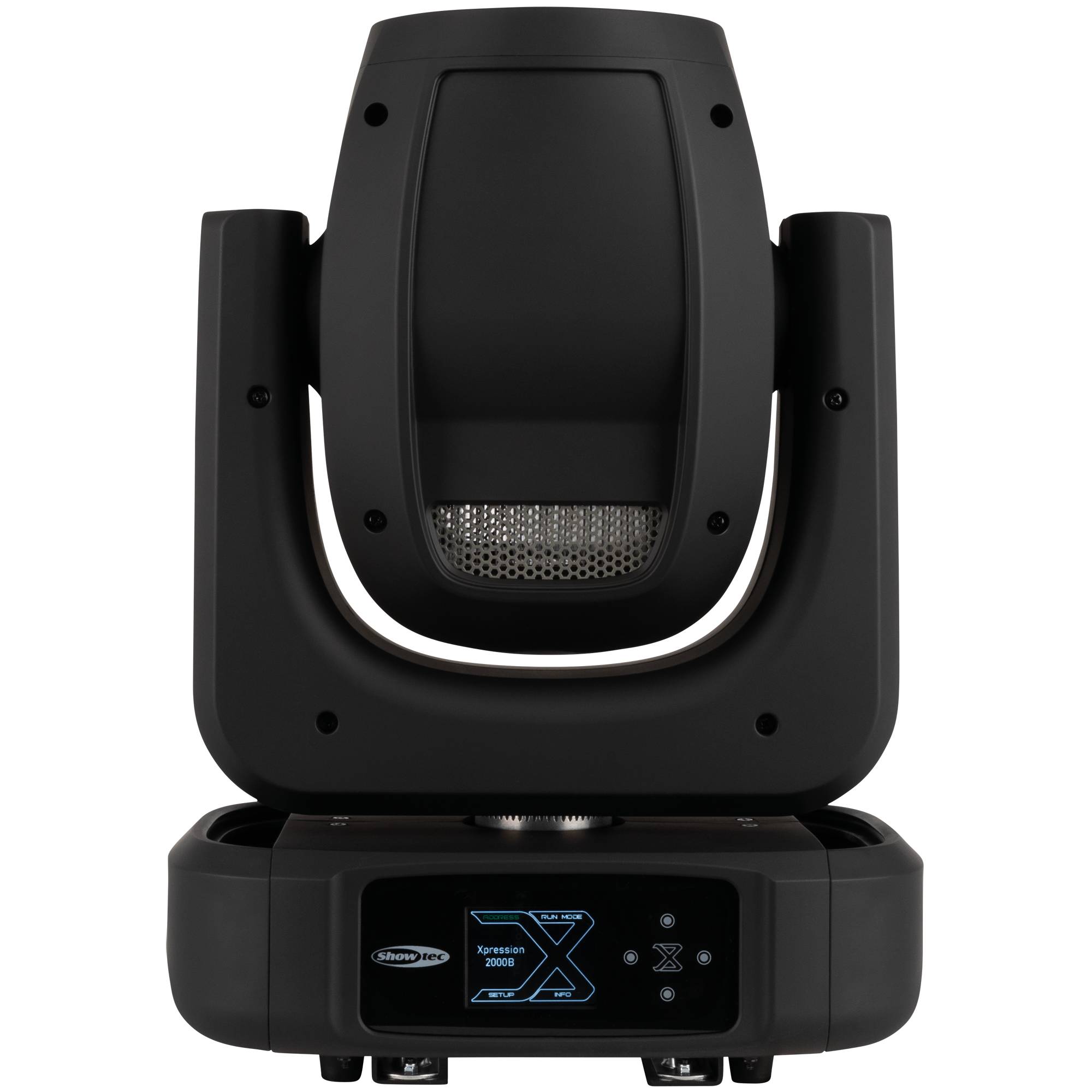 Eine professionelle Bühnenbeleuchtungsarmatur mit elegantem schwarzem Design und digitaler Anzeige an der Basis, die häufig bei Theateraufführungen zum Einsatz kommt.