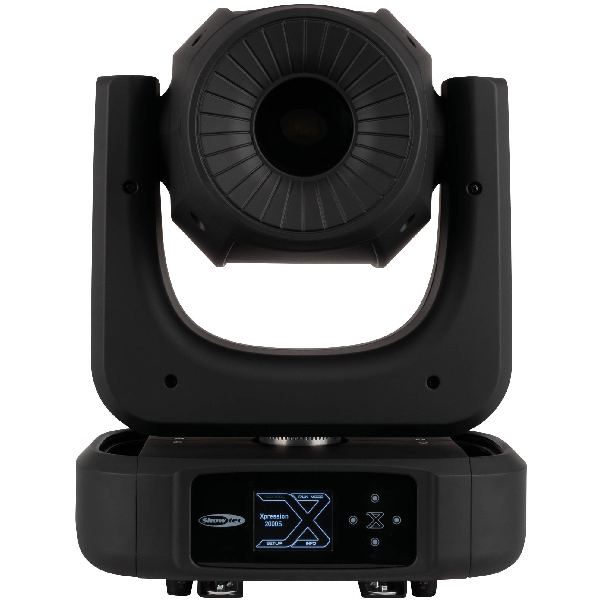 Scheinwerfer mit einer zentralen Linse und einem Bedienfeld darunter, verwendet für Bühnenbeleuchtung und Spezialeffekte.