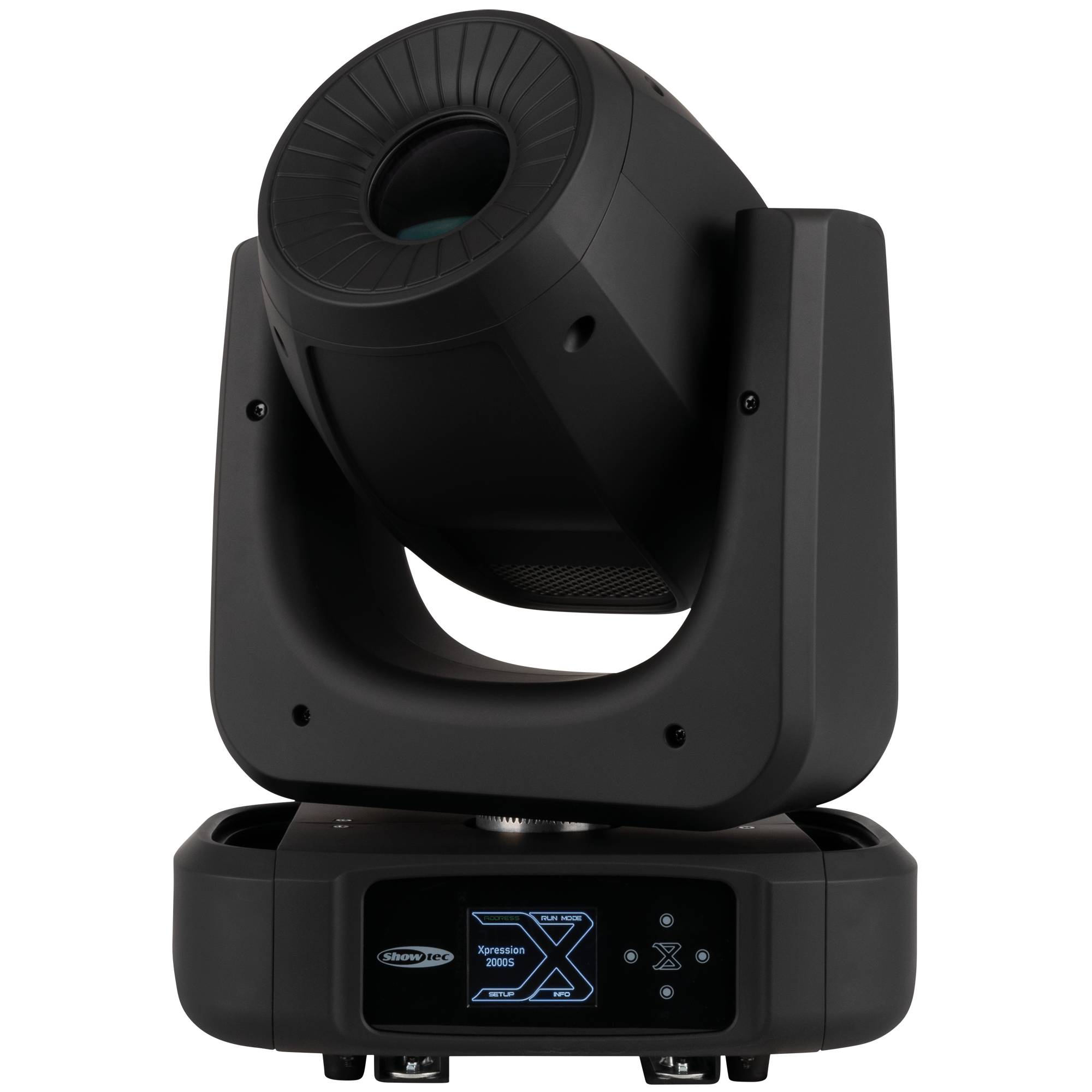 ROBE Cuete' Leuchte in Schwarz, mit verstellbarem Kopf auf einer rotierenden Basis, verfügt über digitale Steuerungselemente für Bühnenbelechtung.