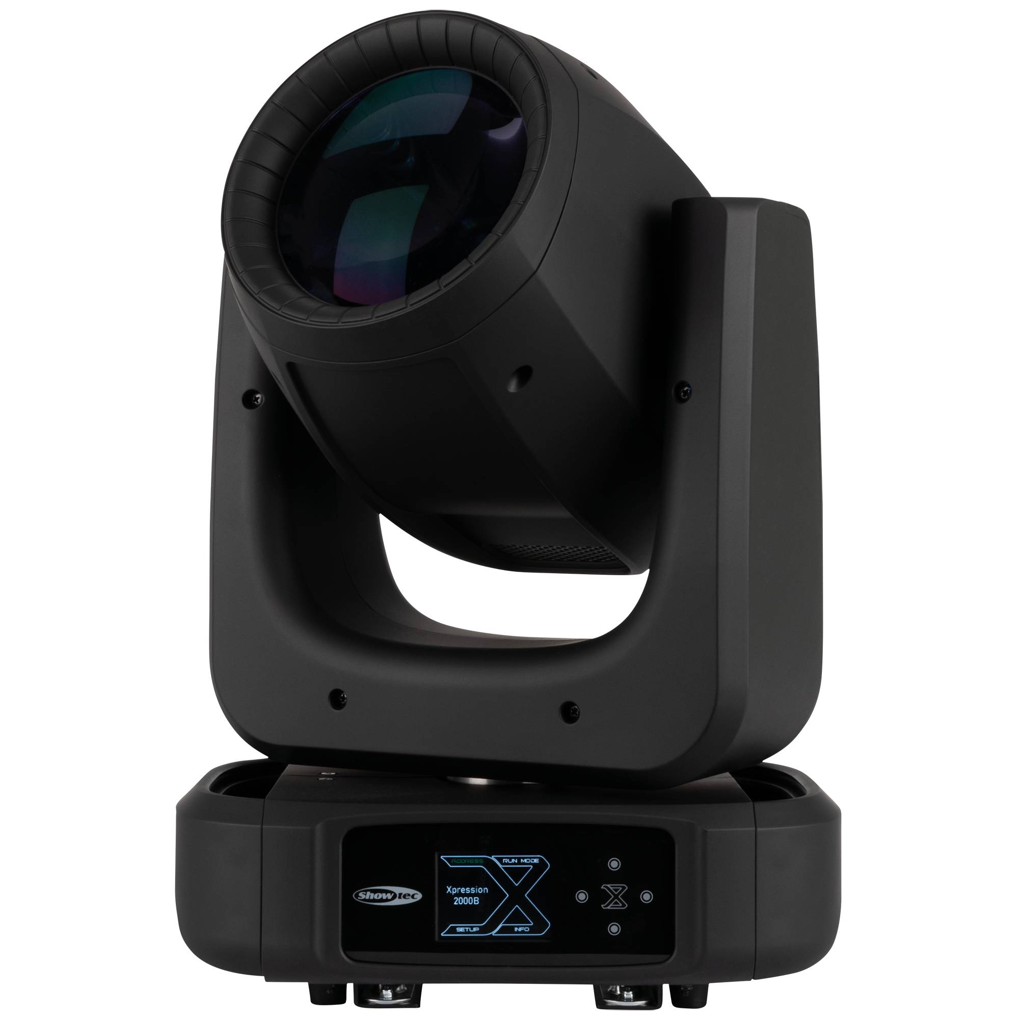 Bühnenbeleuchtungsarmatur mit großer Linse und verstellbarem Halterungssystem, konzipiert für professionelle Beleuchtungsaufstellungen. Die Basis verfügt über Bedienfeldfunktionen.