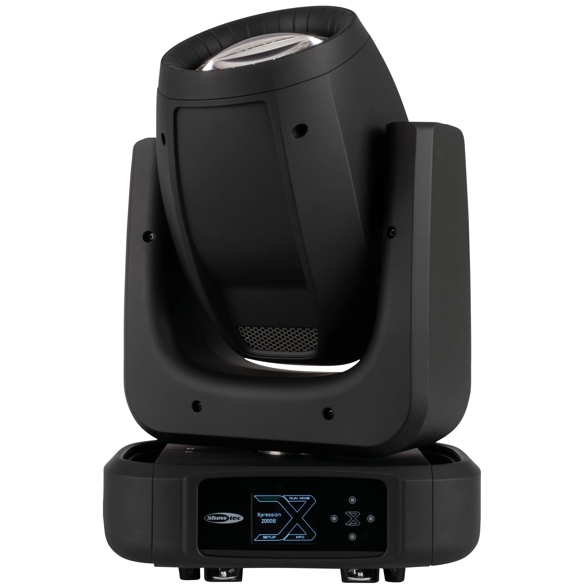 Ein schwarzer Bühnenscheinwerfer mit verstellbarem Kopf, konzipiert für professionellen Einsatz bei Konzerten oder Veranstaltungen, auf einem Stativ mit Steuerungselementen.