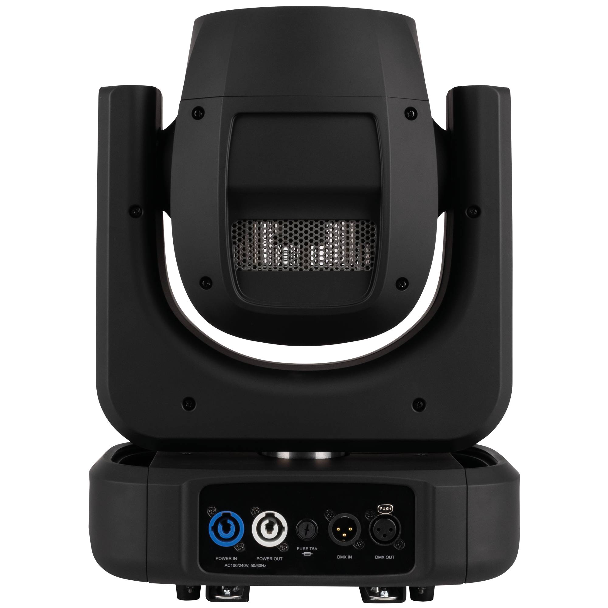 Ein schwarzer Bühnenscheinwerfer mit verstellbaren Winkeln und Bedienfeld an der Basis, verwendet für professionelle Beleuchtung bei Aufführungen und Veranstaltungen.