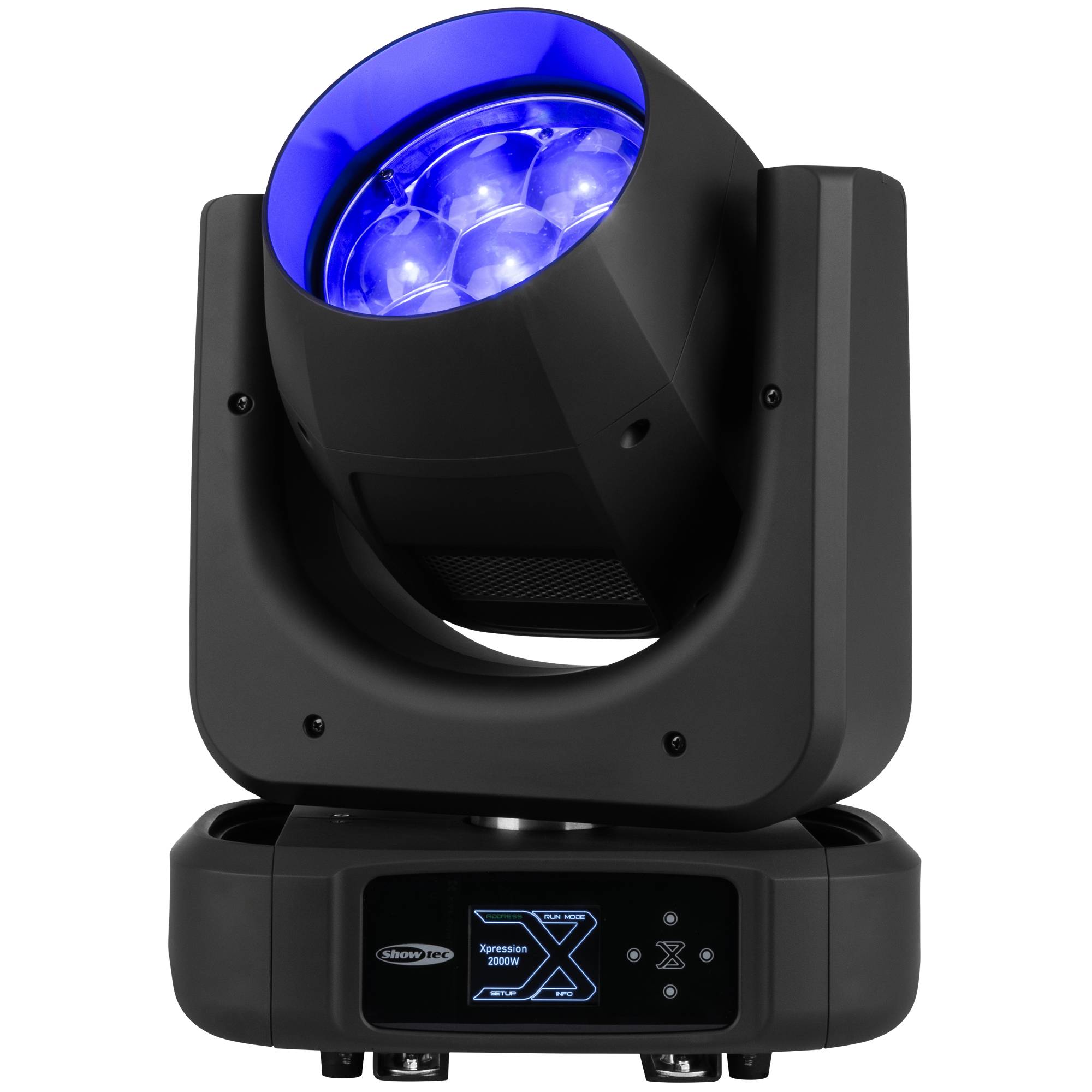 Eine Bühnenscheinwerfer mit einer schwarzen Basis und einem rotierenden Kopf, der hellblaues Licht ausstrahlt, entwickelt für professionelle Beleuchtung bei Veranstaltungen oder Aufführungen.