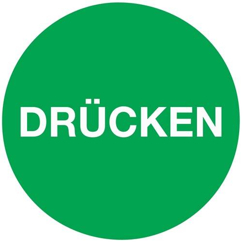 Ein grüner Kreis mit dem Wort 'DRÜCKEN' in fetten weißen Buchstaben, der einen Druckknopf oder ein Hinweisschild anzeigt.