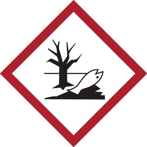Ein rotes Diamantsymbol mit einem schwarzen Bild eines toten Baumes und eines Fisches, das eine Umweltgefahr anzeigt.