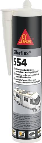 Kartusche mit der Aufschrift 'Sikaflex 554', ausgestattet mit wetterbeständigem und grundierungsfreiem Klebstoff für Verbundanwendungen, mit Applikationsdüse.