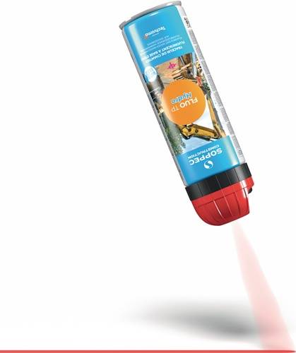 Eine rote und blaue Sprühdose mit der Aufschrift 