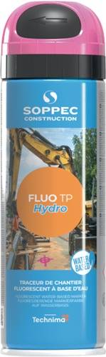 Eine Dose des Schmiermittels 'FLUO TP Hydro' wird mit einem Baustellenbagger im Hintergrund gezeigt, was auf einen industriellen Einsatz hindeutet.