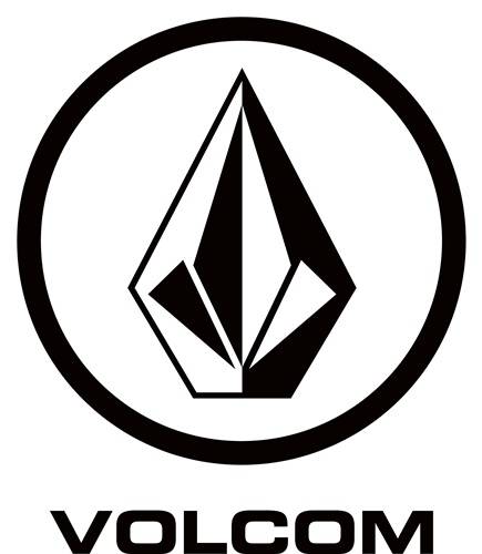 Logo von 'Volcom' mit einem geometrischen Steinsymbol innerhalb eines Kreises, der die Betonung von Kreativität und Individualität der Marke repräsentiert.