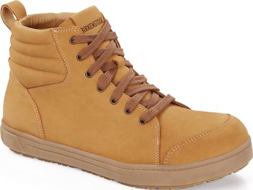 Hellbrauner High-Top-Sneaker mit braunen Schnürsenkeln und robuster Sohle, ausgestattet mit gepolsterter Knöchelunterstützung.