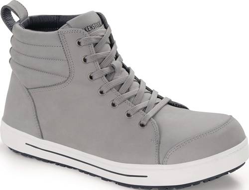 Ein grauer High-Top-Sneaker mit weißer Gummisohle und schwarzer Einfassung, ausgestattet mit grauen Schnürsenkeln und sichtbaren Nähten.