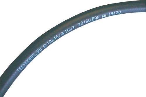 Ein schwarzer industrieller Schlauch mit weißer Textmarkierung 'GENOBEL PU Ø 10×16/Ø 10×3 20/60 BAR' und zusätzlichem Produktcode.