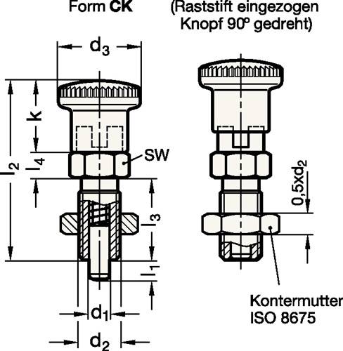 Technische Zeichnung des Form C K-Knopfs nach ISO 8675-Norm. Zeigt Abmessungen d1, d2, d3, l2, l3, l4, k, SW, mit 90°-Arretierungsstift.