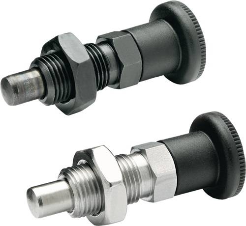 Zwei Arten von Metall-Push-Pull-Kolben: einer in Schwarz und einer in Silber, jeweils mit einer Gewindewelle und einem Knopf für Verschlussmechanismen.
