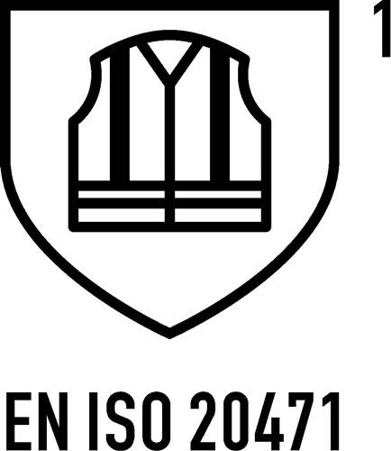 Ein schwarz-weißes Symbol einer Sicherheitsweste in einem Schild, mit dem Text ‚EN ISO 20471' darunter, der die Konformität von Warnschutzkleidung anzeigt.