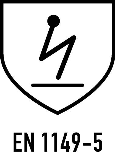 Ein Schutzschild-Symbol mit einem schwarzen Blitz über einer horizontalen Linie, das die Sicherheit vor elektrischen Gefahren kennzeichnet.