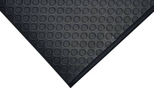 Eine schwarze Gummimatte mit einem Muster aus erhabenen kreisförmigen Noppen bedeckt die Oberfläche und zeigt ein strukturiertes, rutschfestes Design für mehr Sicherheit.
