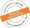 Siegel mit dem Text 'zertifiziert gemäß baumustergeprüft nach Secosol DGUV 112-191', der die Konformität mit der Zertifizierung anzeigt.