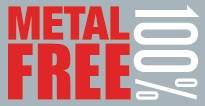 Das Bild zeigt die Wörter 'METAL FREE' in fetten roten Buchstaben, wobei '100%' in weißen Buchstaben vertikal auf einem grauen Hintergrund ausgerichtet ist.