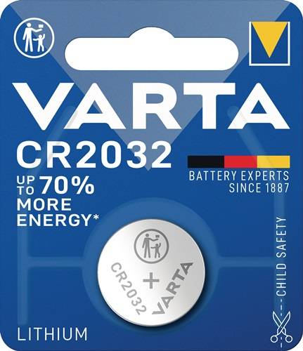 VARTA CR2032 Batterie-Verpackung, behauptet 70% mehr Energie, hebt Kindersicherheitsmerkmal hervor. Text: Batterieexperten seit 1887.