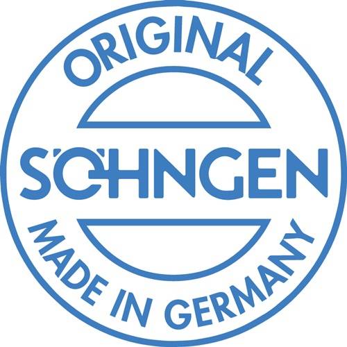 Eine blaue kreisförmige Plakette mit den fettgedruckten Worten 'Original Schengen Made in Germany', die Authentizität und Herkunft anzeigt.