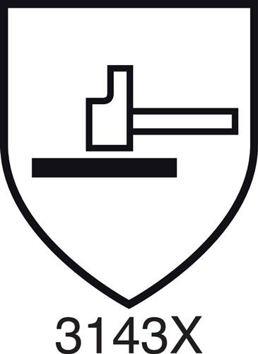 Ein Wappenschild mit einem Symbol von Hammer und Amboss, das Stärke und Beständigkeit repräsentiert.