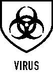 Ein schwarzes Biohazard-Symbol in einem Schild mit dem Wort 