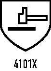 Ein einfaches pixeliertes Design zeigt einen schwarzen Hammer und einen Nagel auf einem weißen Schildhintergrund.