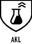 Ein Schild mit einem Laborkolben im Inneren unter einer horizontalen Linie, das chemische Sicherheit oder Schutz symbolisiert, mit der Beschriftung 