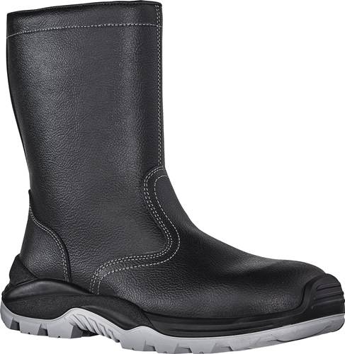 Schwarzer Sicherheitsstiefel aus Leder mit verstärkter Zehenkappe, weißer Naht und robuster Sohle, konzipiert für den Schutz in industriellen Umgebungen.