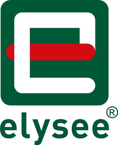 Logo 'Elysee' mit einem stilisierten Buchstaben 'E' in Grün, der einen roten horizontalen Balken in seiner Mitte trägt, und dem Wort 'elysee' darunter.