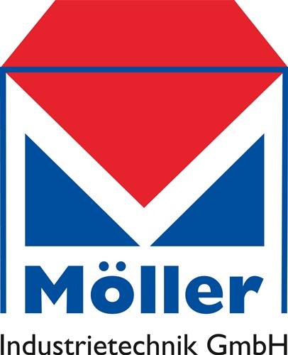 Das Bild zeigt ein stilisiertes Logo, das einem Haus mit einem roten Dach und einem blauen Umriss ähnelt, ergänzt durch den Text 'Möller' darunter.