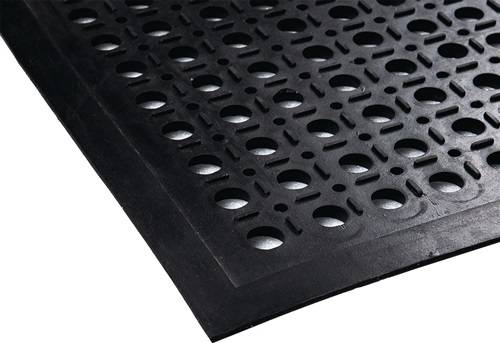 Schwarze industrielle Gummimatte mit kreisförmigen Aussparungen zur Entwässerung und rutschfester Oberfläche.