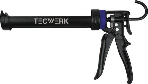 Eine schwarze TECWERK Kartuschenpistole mit einem blauen Ring, die den Auslösehebel und das Düsenende zeigt, die für Abdichtungsanwendungen entwickelt wurde.